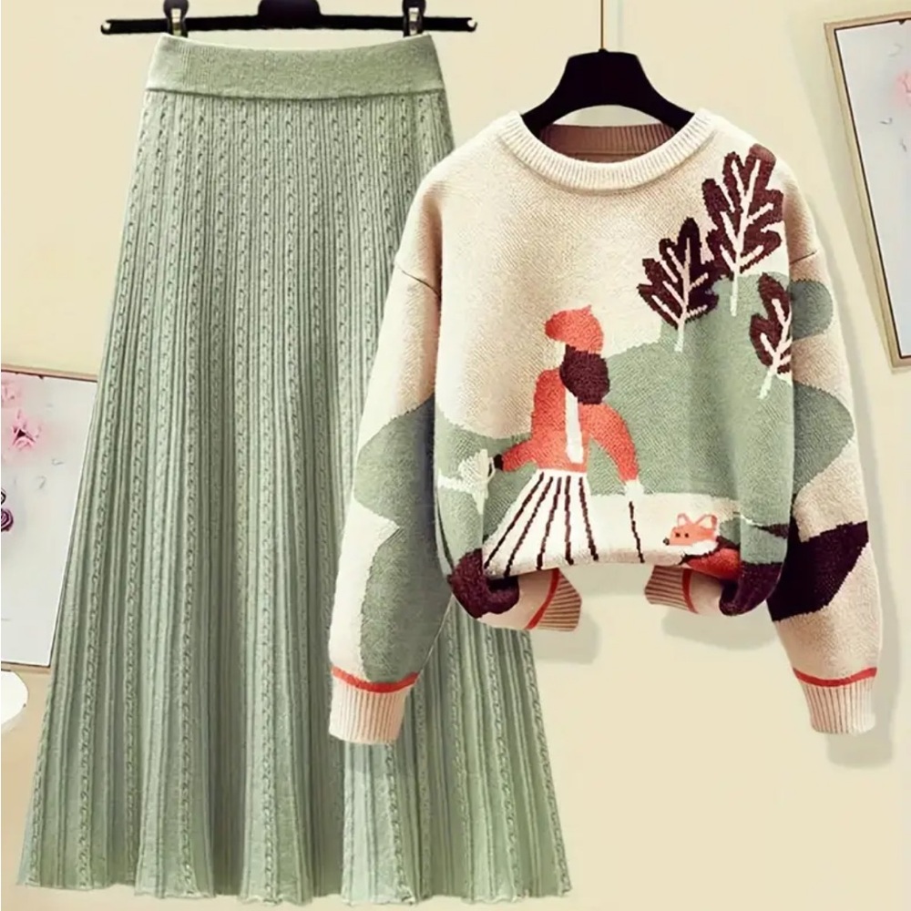 Elegant Textured Knit Skirt Set, Long Sleeve Sweater & High Waist A-line Skirt